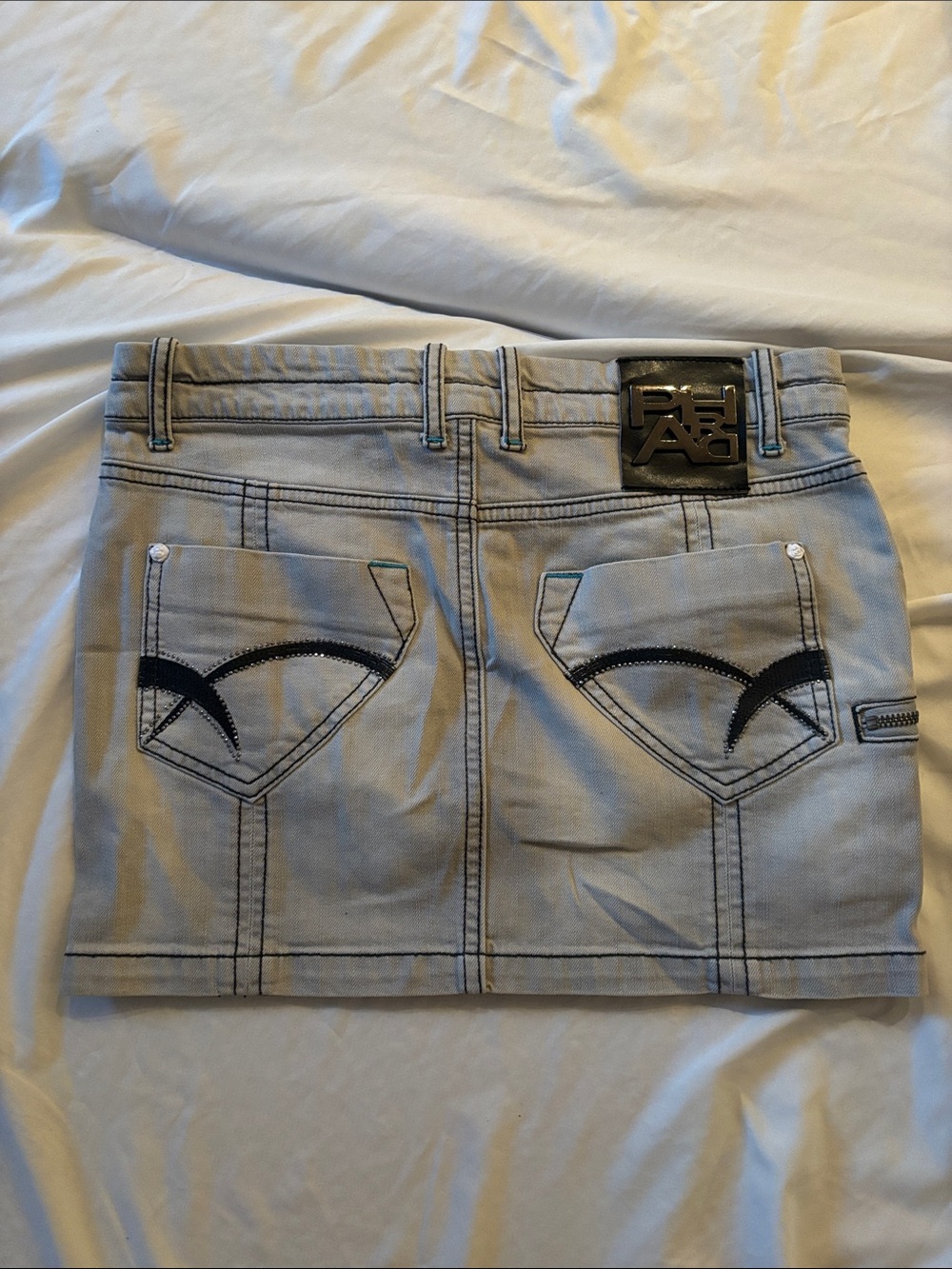 Vintage Y2K Phard Denim Mini Skirt 30 Low Rise Embellished Euro Gray Zipper Rose
